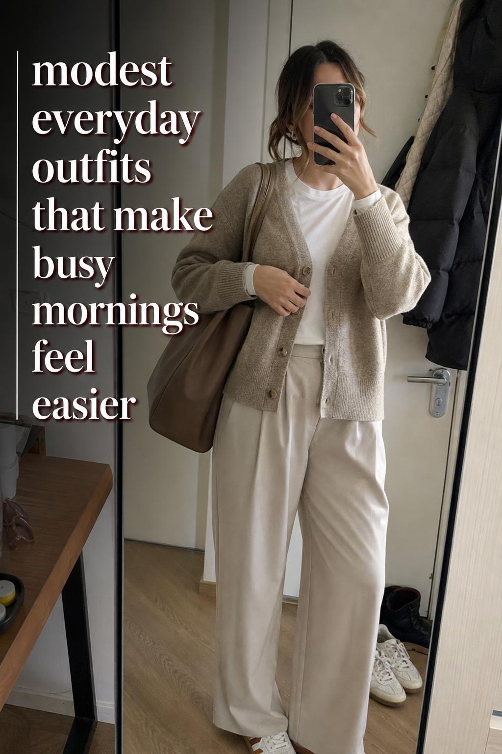 Mirror selfie of a woman in neutral layers showcasing modest everyday outfits in a lived-in apartment hallway