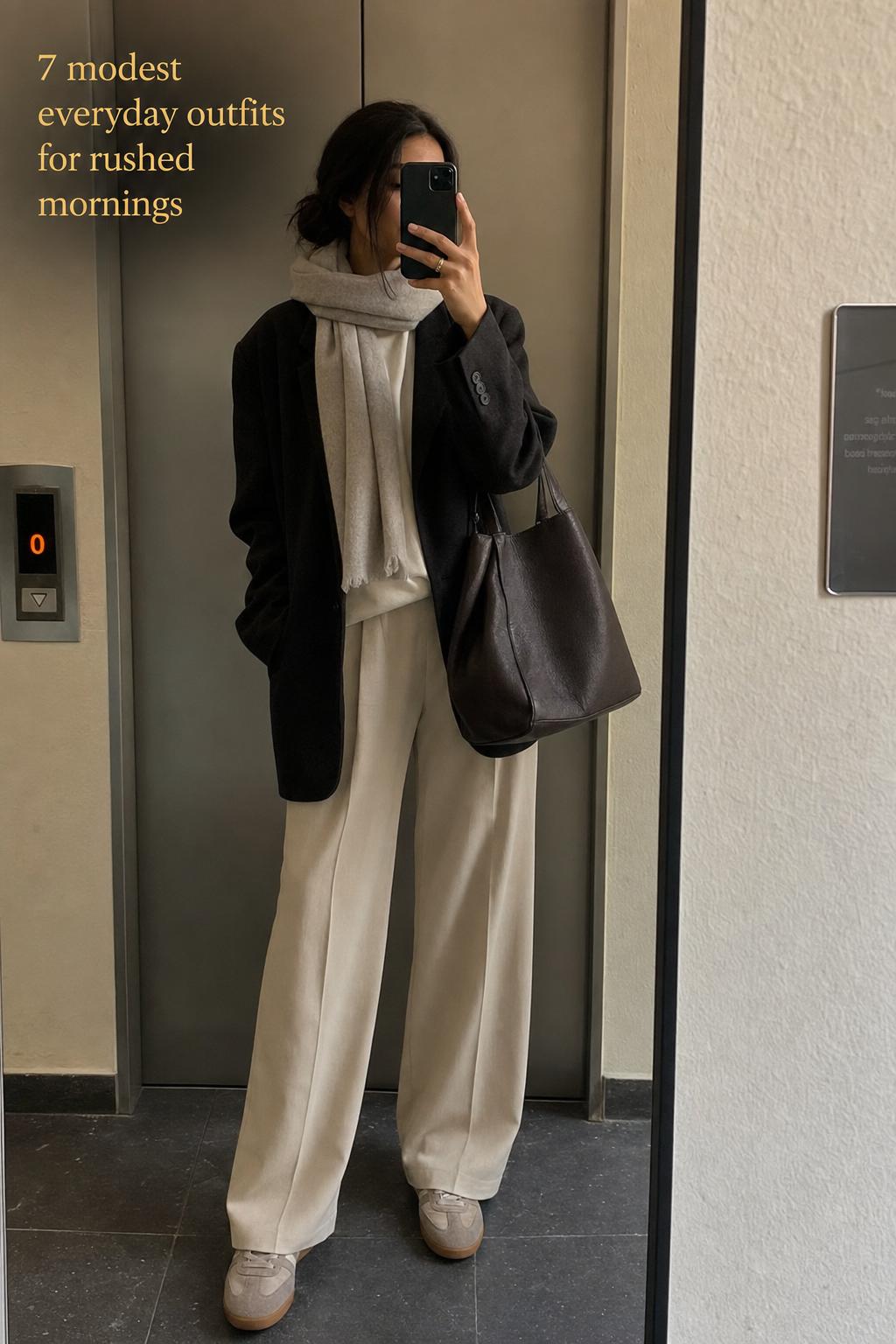 Modest everyday outfits in neutral layers, candid urban hallway snapshot with blazer, midi skirt, and tote bag