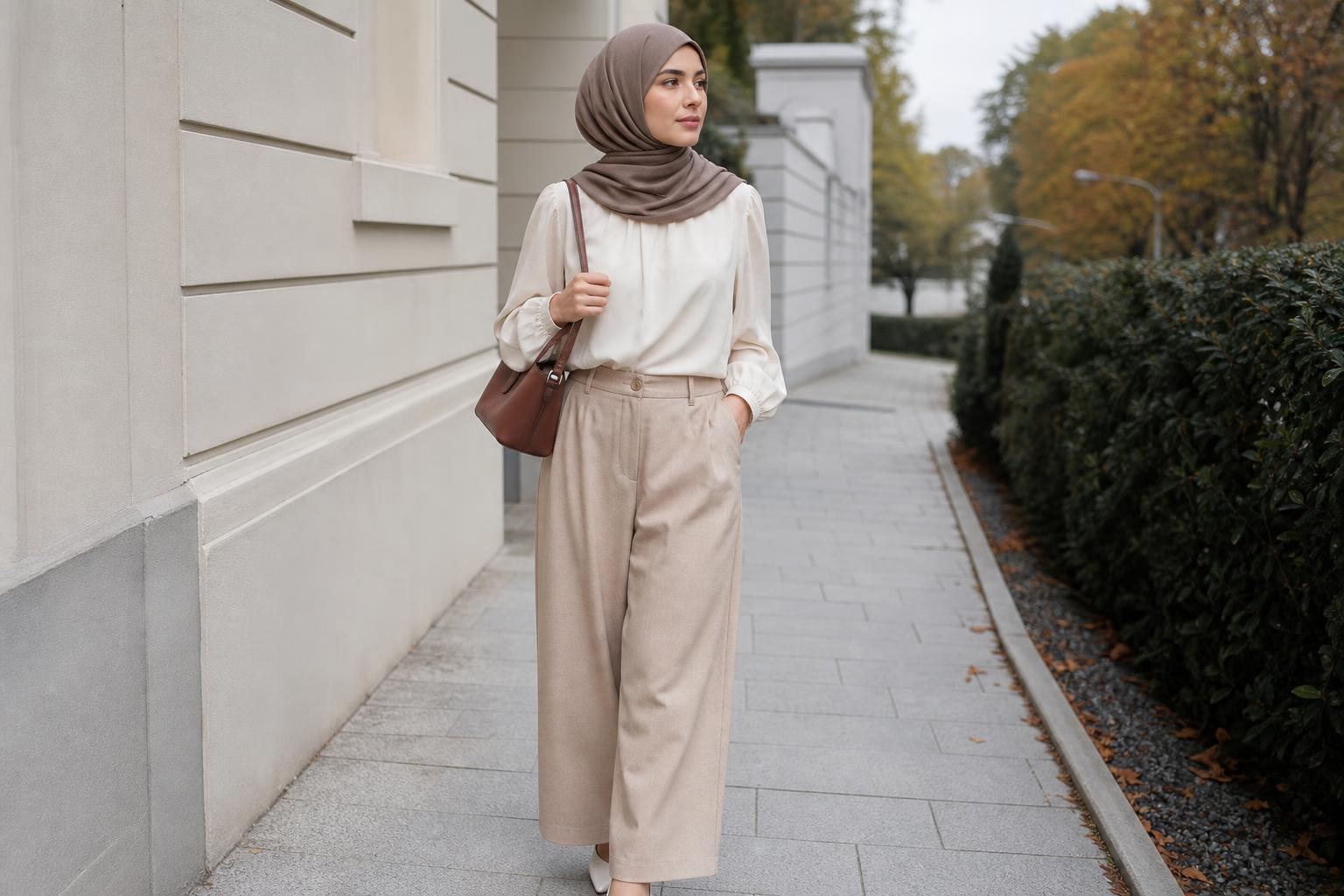 Modest everyday outfits with neutral cardigan, long-sleeve top, and flowing midi skirt for polished daily style