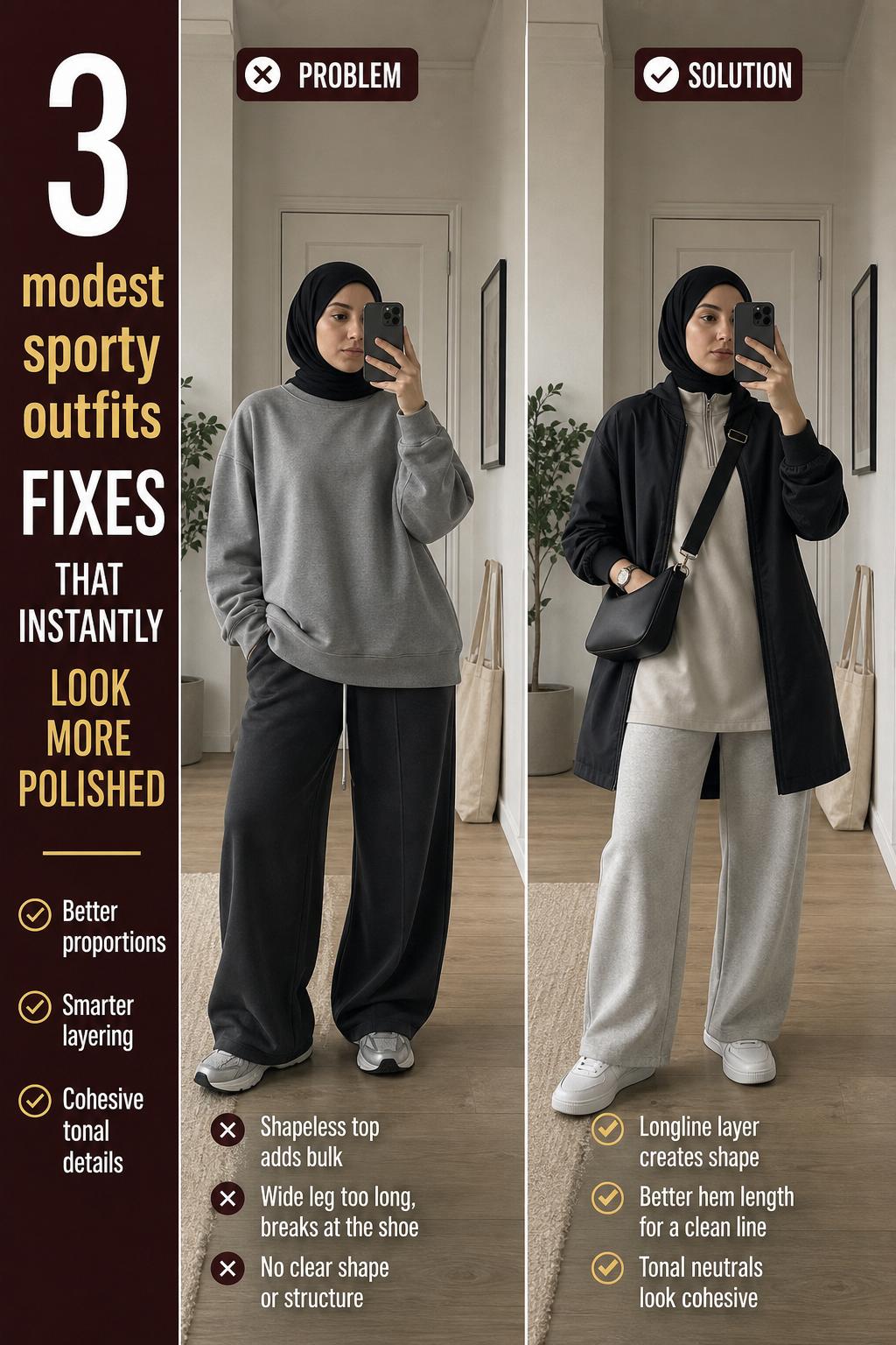 Modest sporty outfits featuring an athletic woman in a long-sleeve top and leggings for an active, covered look.