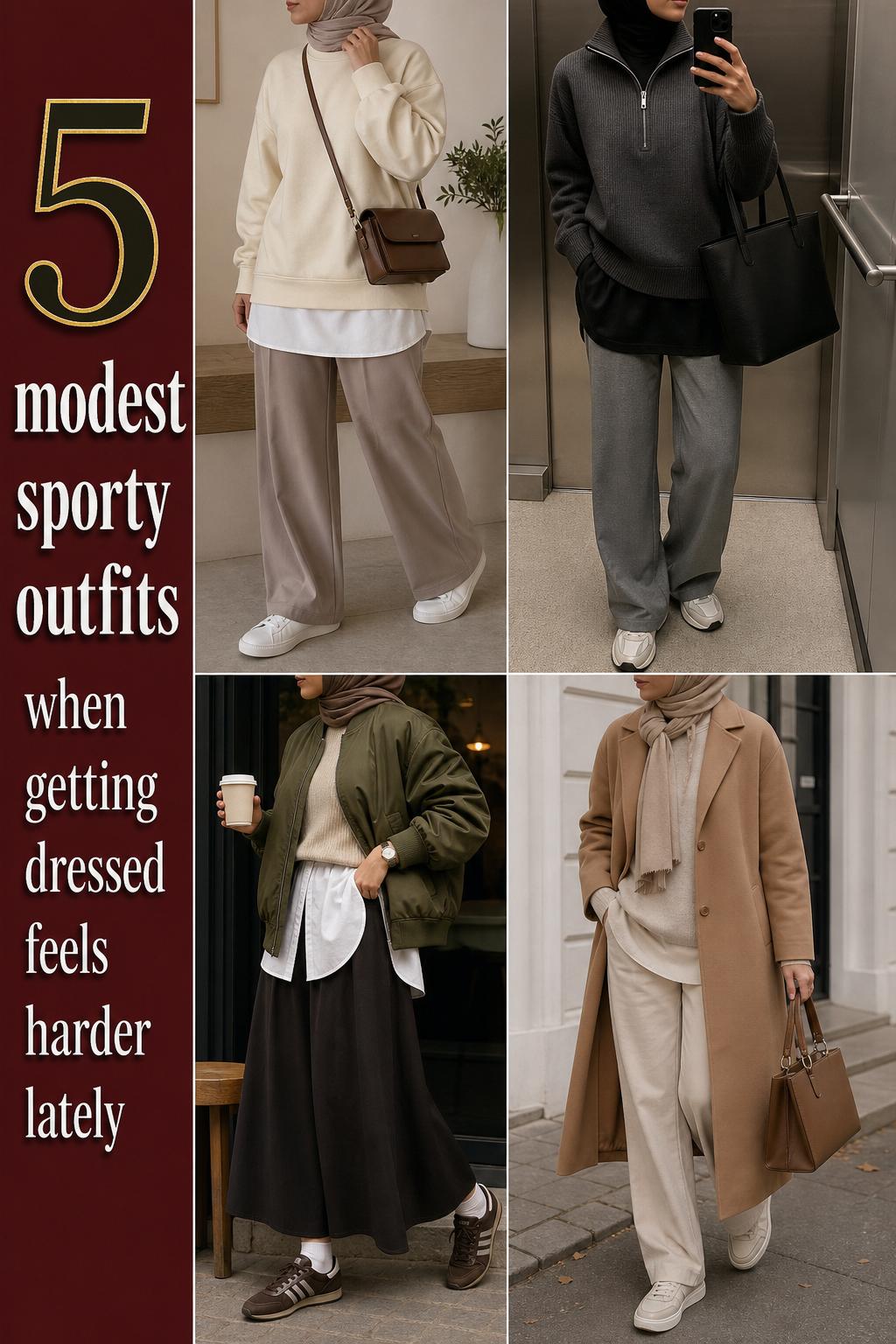 Modest sporty outfits grid featuring four neutral layered looks with sneakers, coats, and casual bags in real urban settings.