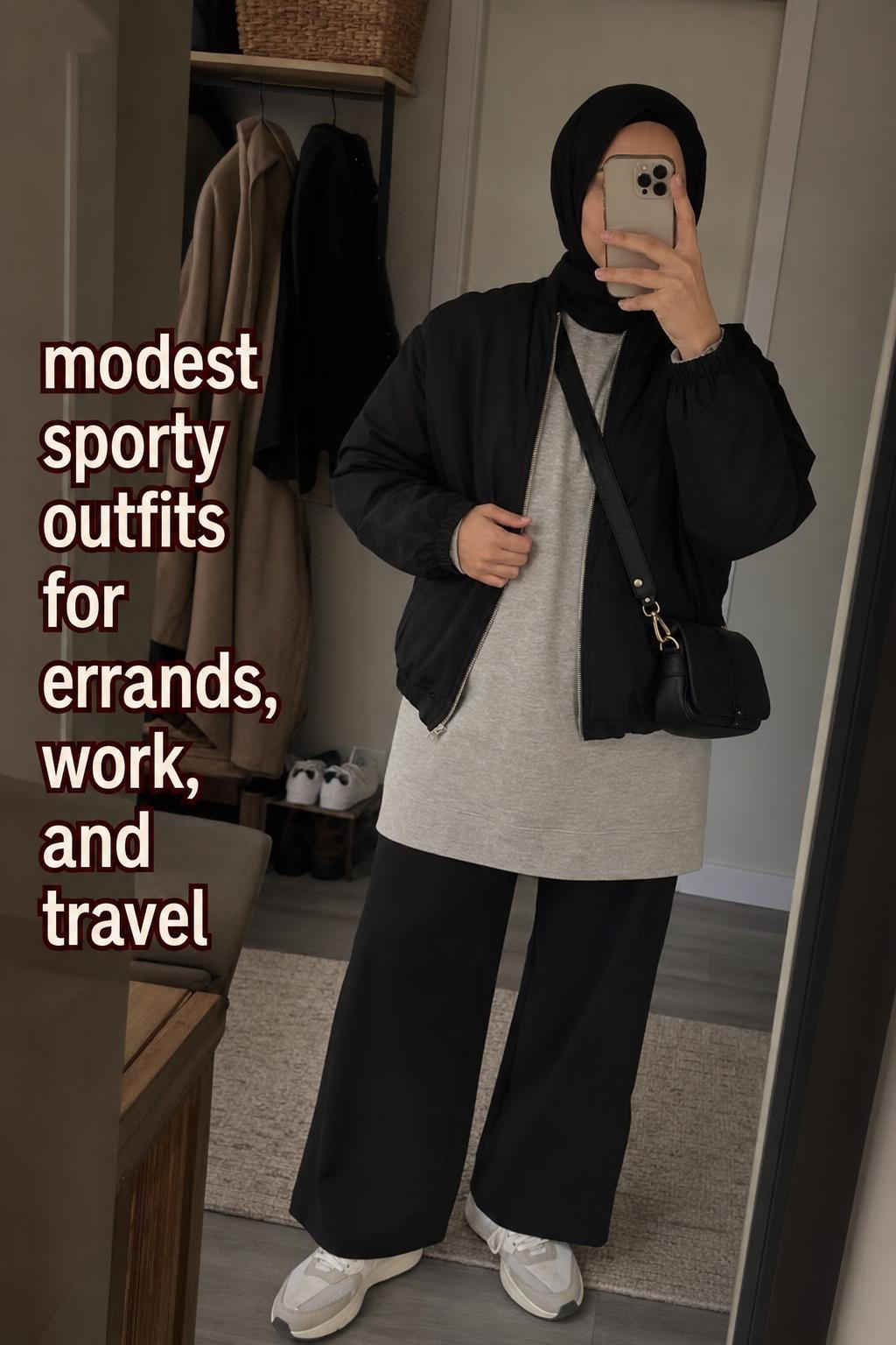 Mirror selfie in hallway showing modest sporty outfits with neutral longline sweatshirt, wide-leg pants, bomber jacket, sneakers