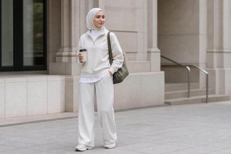 Modest sporty outfits in neutral layers with longline top, relaxed trousers, and clean sneakers on a spring city walk