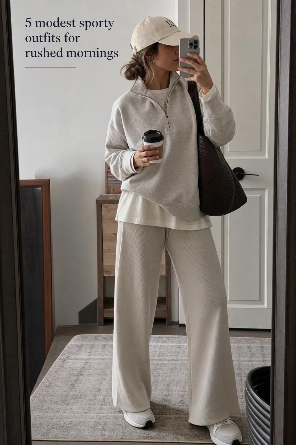 Woman mirror selfie in urban hallway wearing layered modest sporty outfits with neutral half-zip, wide-leg pants, and sneakers