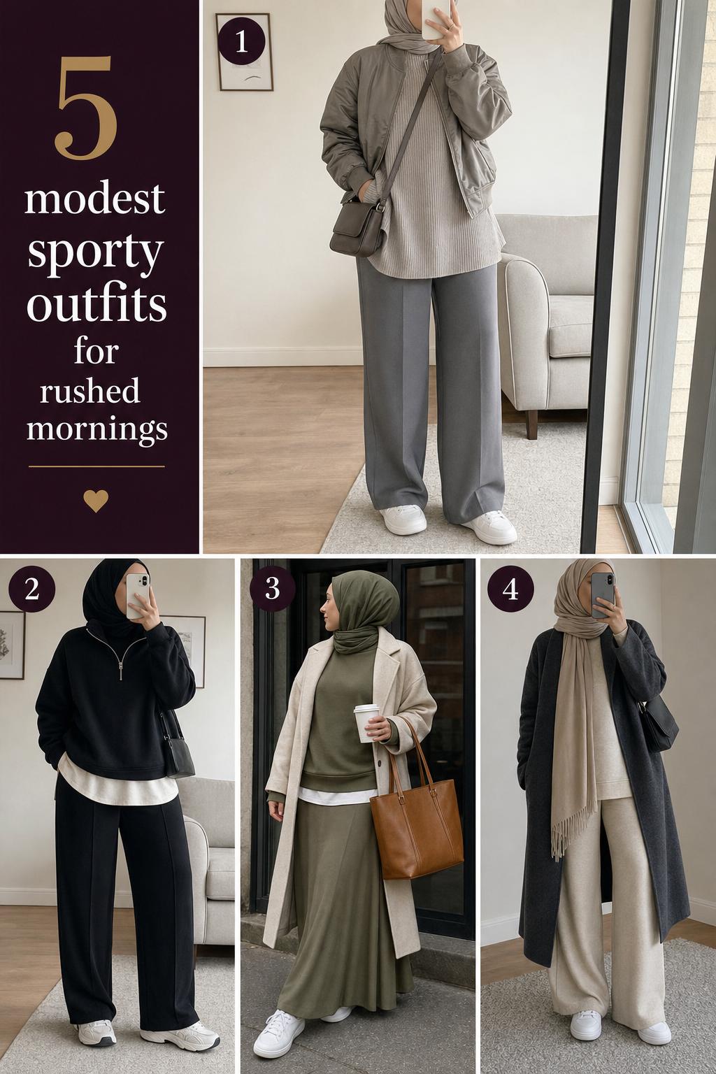 Pinterest-style fashion guide with 4 modest sporty outfits, featuring layered neutral looks with sneakers and long coats.