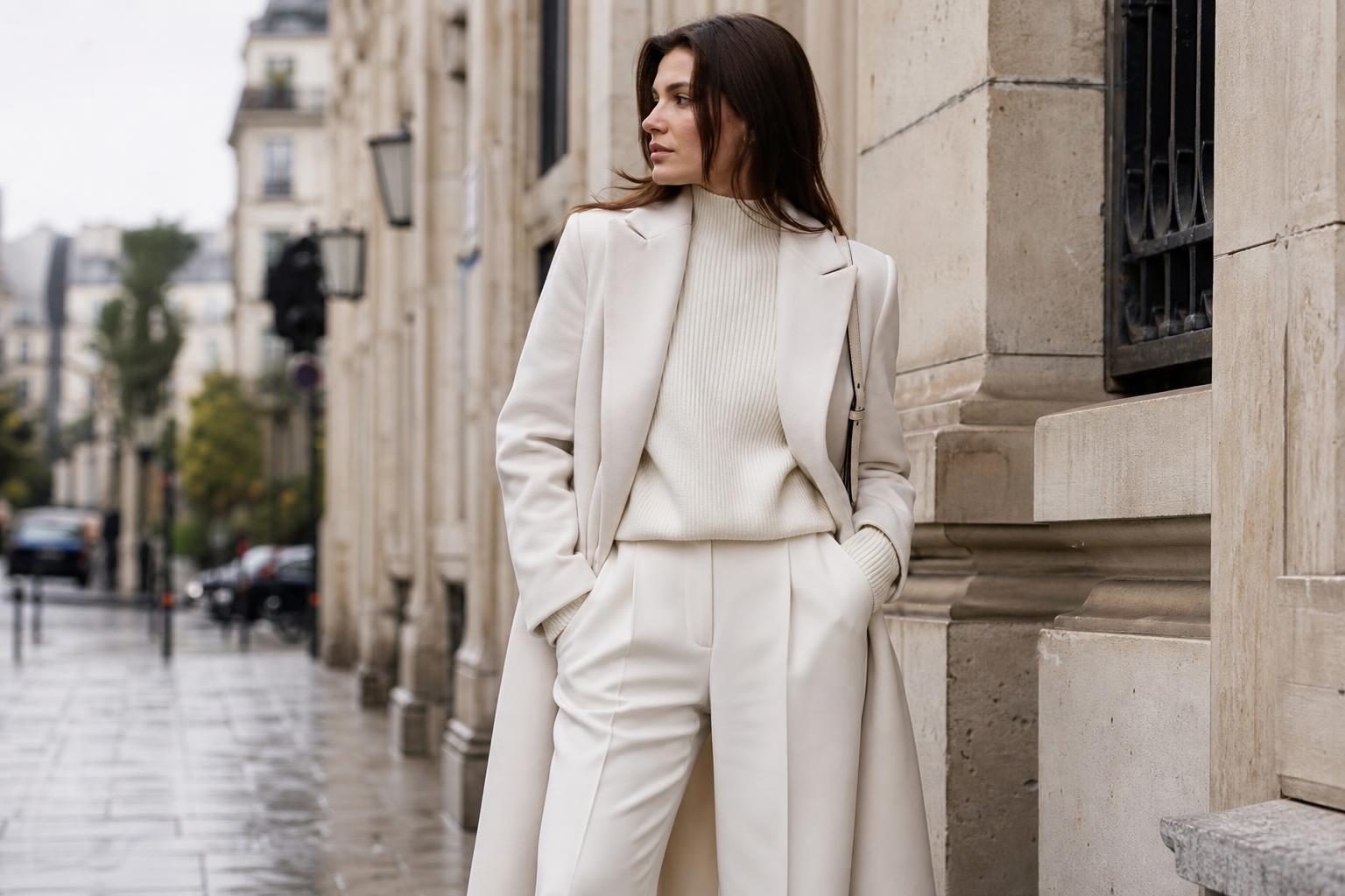 Monochrome outfits for women in soft beige layers with tailored coat, knit top, and trousers for a polished modern look