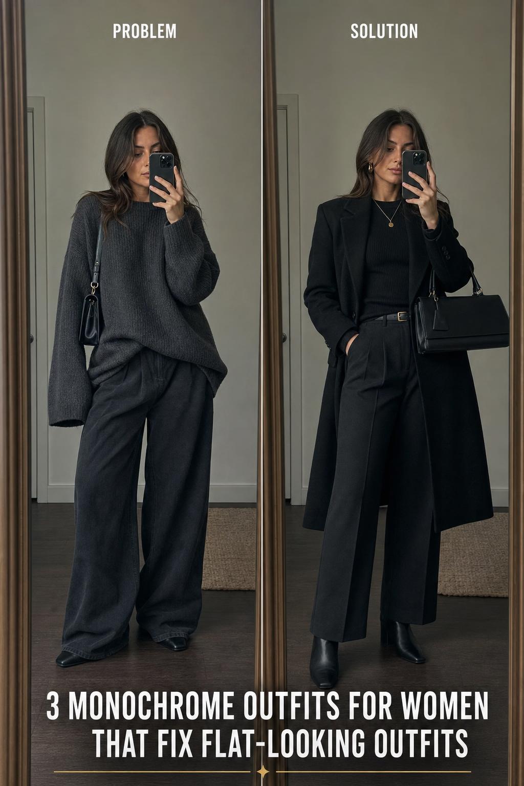 Monochrome outfits for women featuring a stylish head-to-toe look in a clean, modern street-style setting.