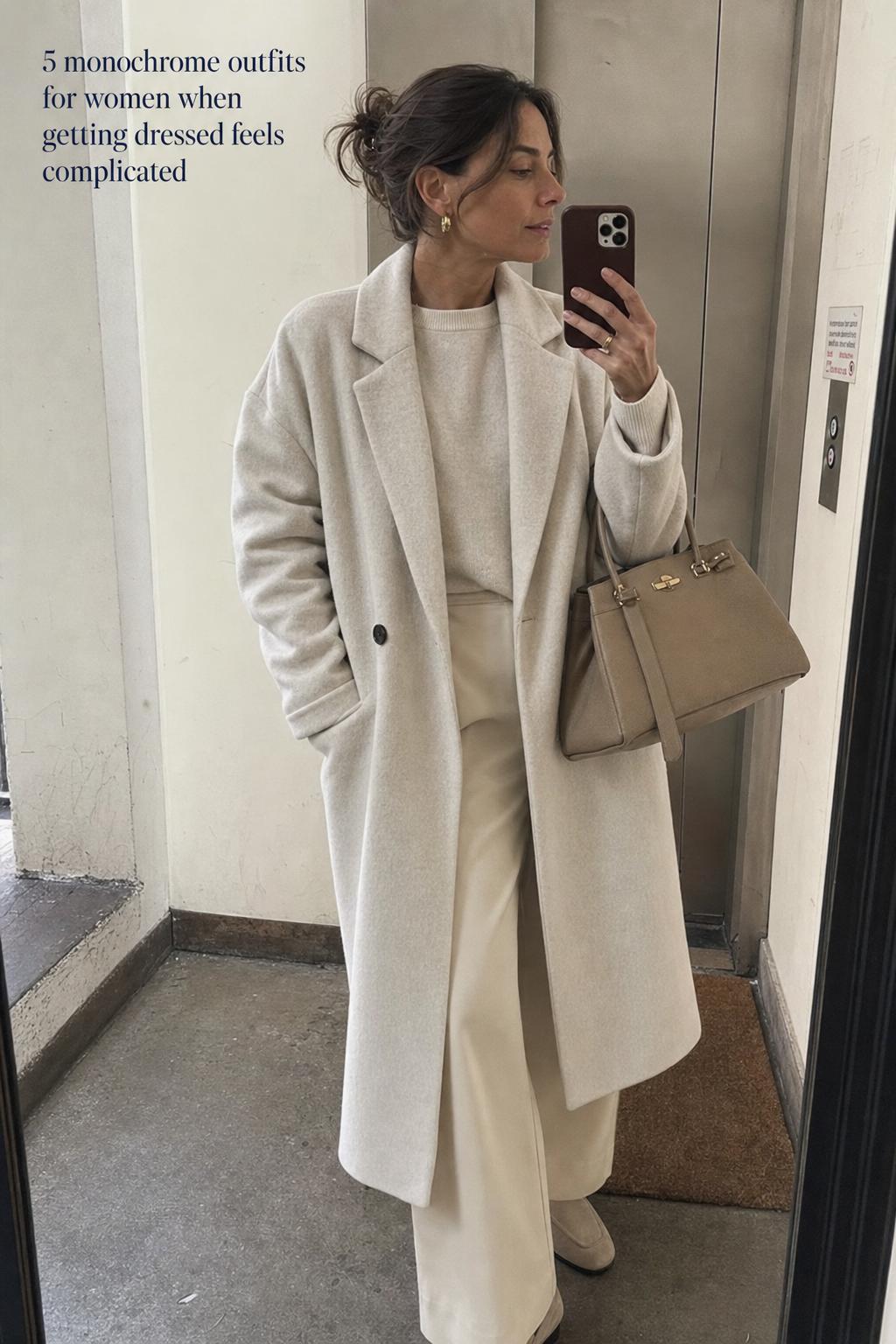 Candid street-style photo of monochrome outfits for women in neutral urban setting with tailored coat and wide-leg trousers