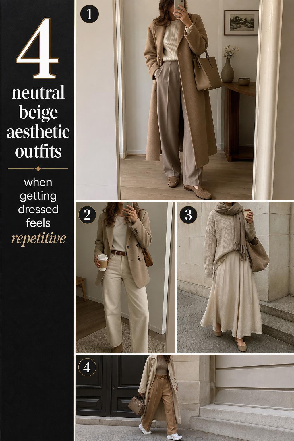 Neutral beige aesthetic outfit ideas board with 4 looks, camel coat, beige blazer, oatmeal knit, tonal layers