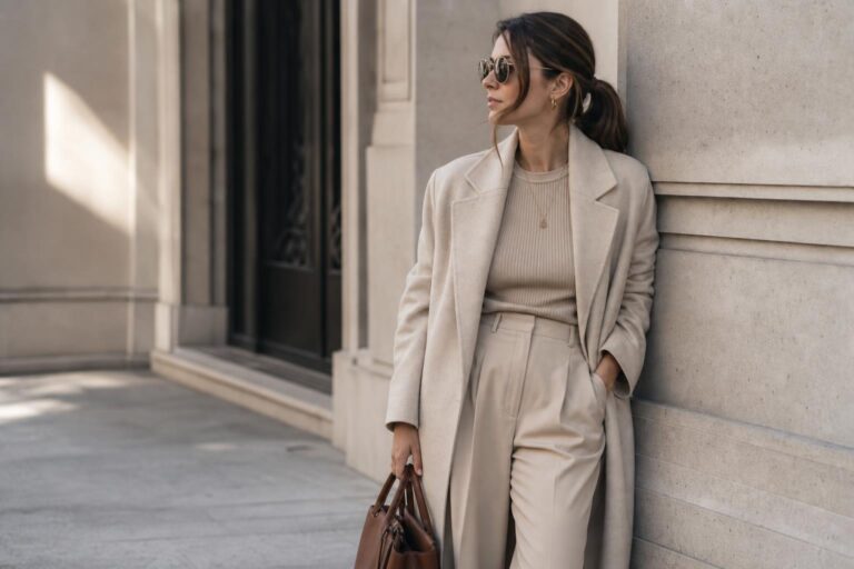 Neutral beige aesthetic outfit with cream knit sweater, camel wool coat, and beige tailored trousers in soft morning light