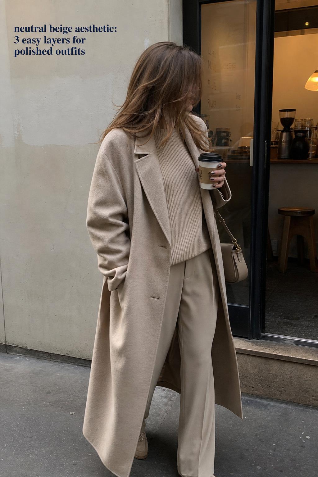 Neutral beige aesthetic outfit photo of a woman in layered cream and taupe pieces in a city hallway mirror moment.