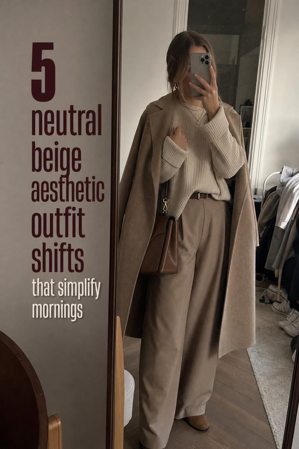 Mirror selfie outfit check with cream sweater, taupe trousers and camel coat in a neutral beige aesthetic apartment hallway