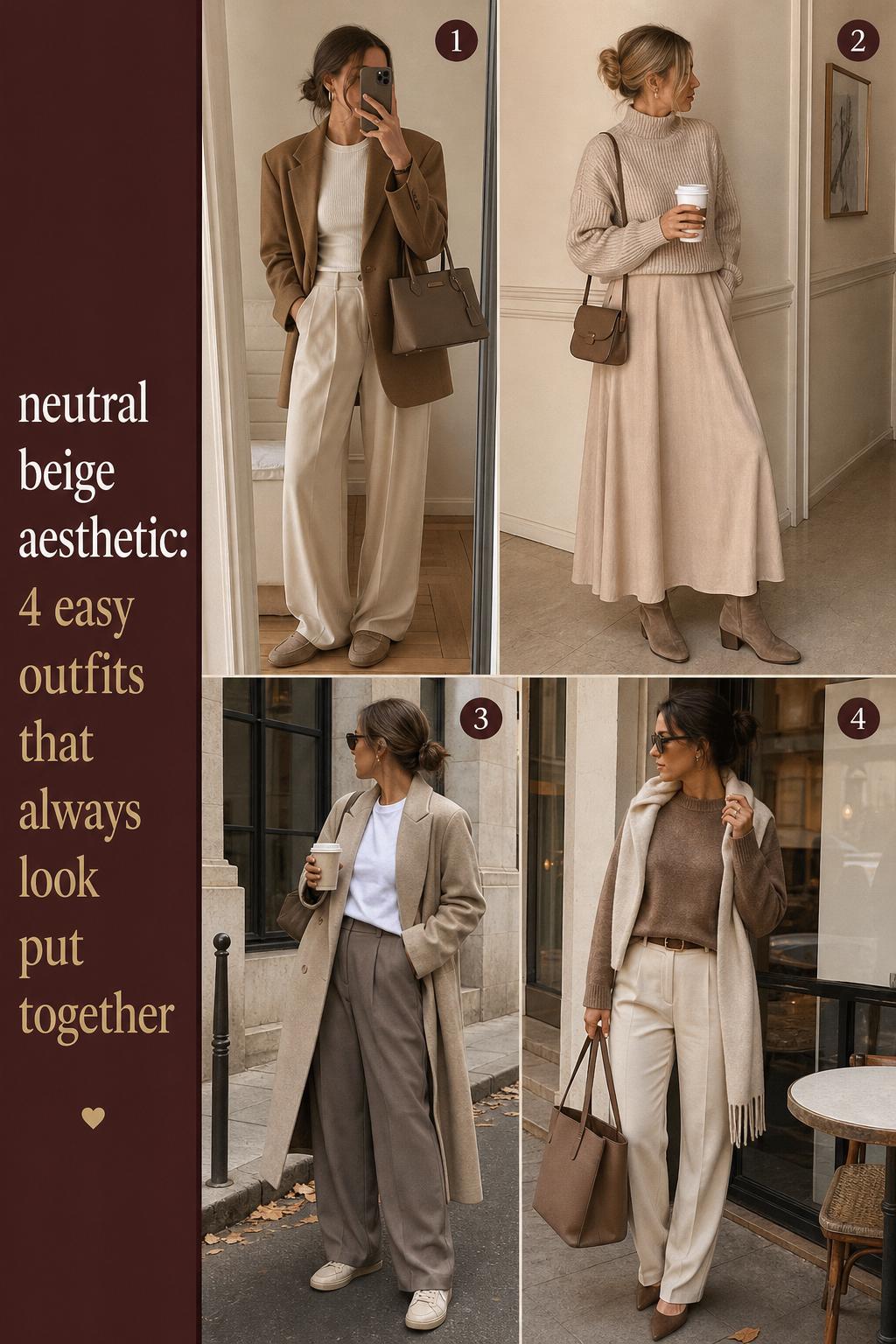 Neutral beige aesthetic outfit grid with four wearable looks in camel, cream, taupe layers, shot in real-life city and indoor settings