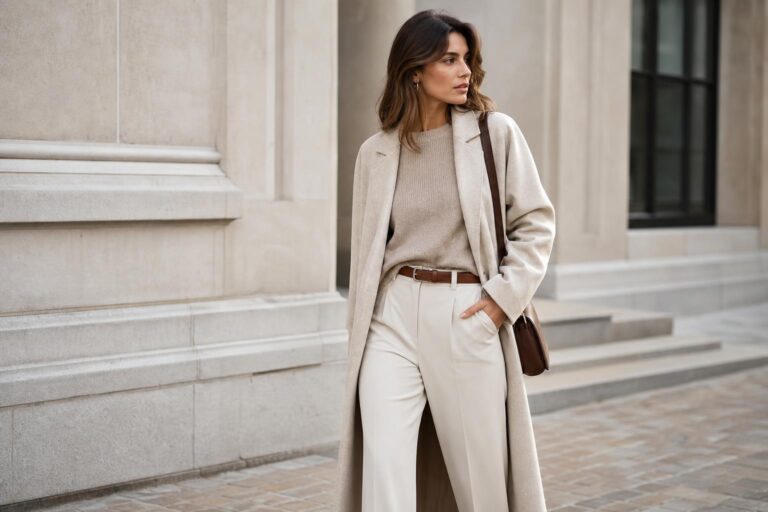 Neutral color outfits with a beige coat, cream knit sweater, straight jeans, and scarf for a quietly luxurious look