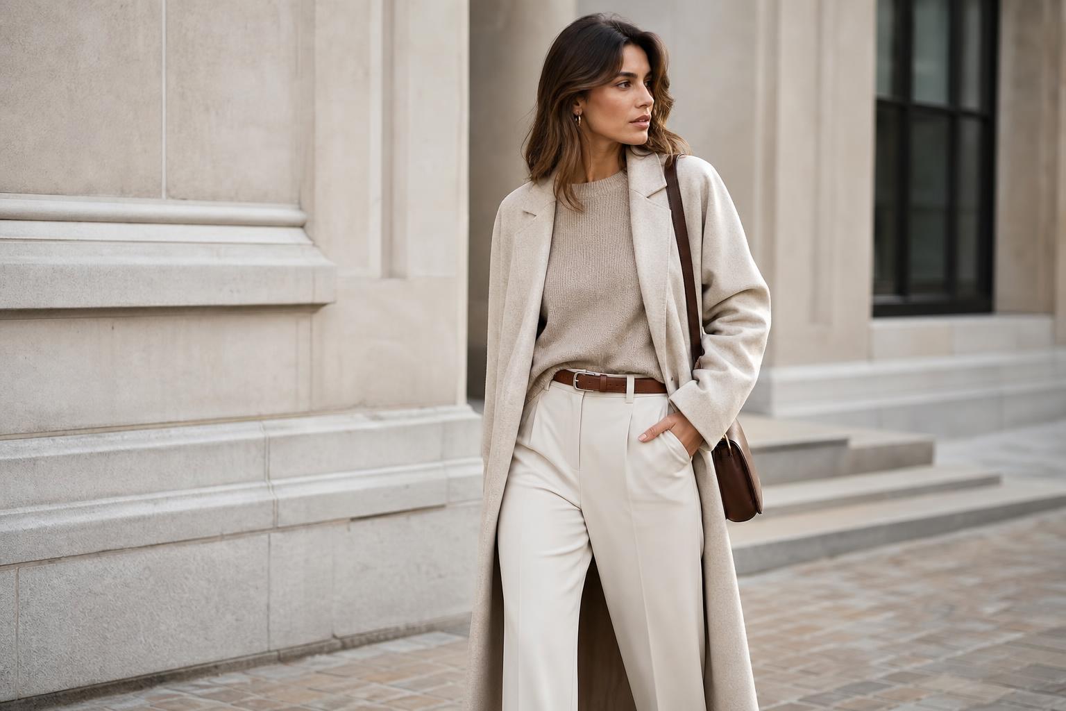 Neutral color outfits with a beige coat, cream knit sweater, straight jeans, and scarf for a quietly luxurious look