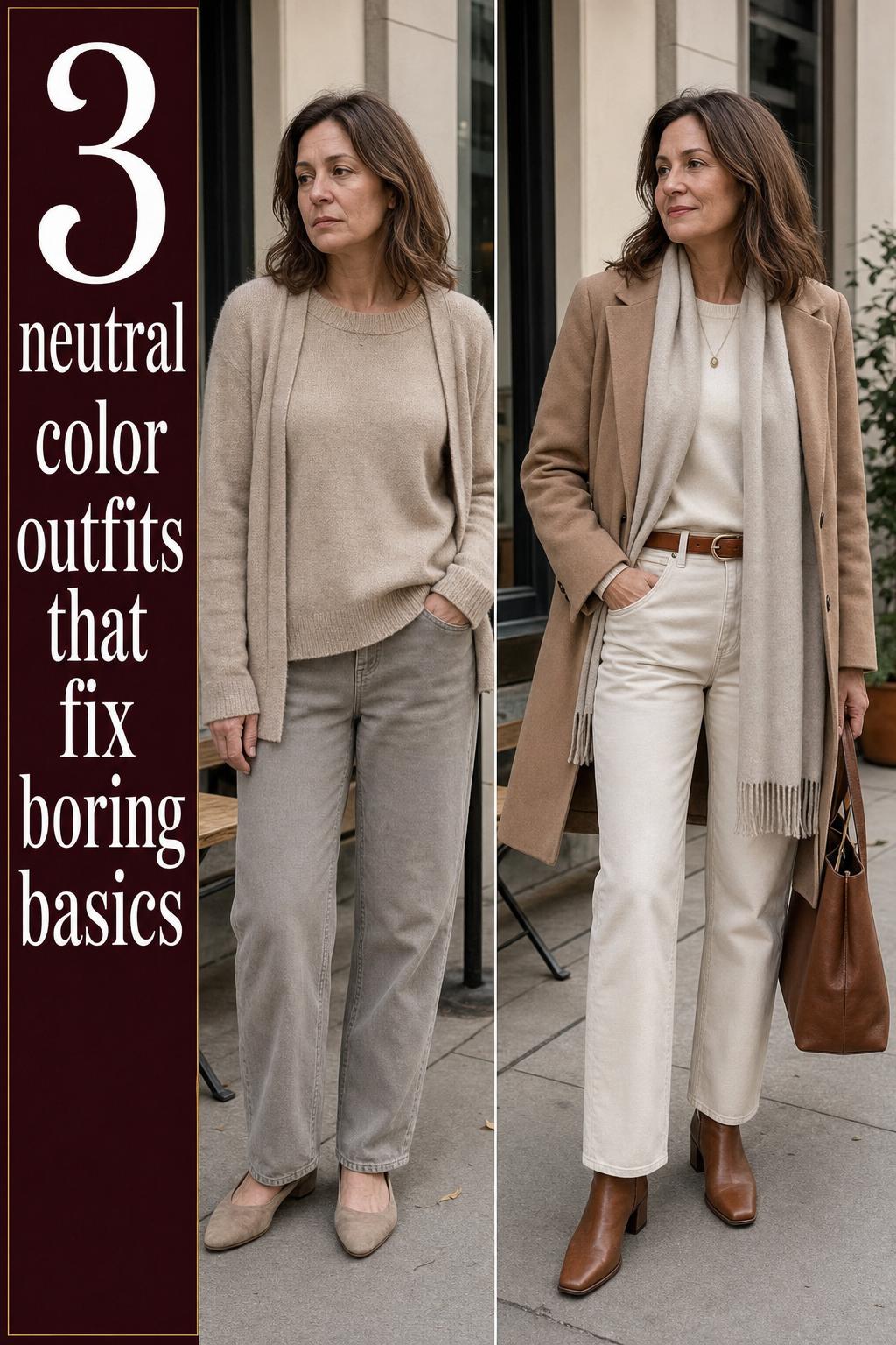 Neutral color outfits styled in a minimalist wardrobe, featuring beige, cream, and taupe layers in natural light