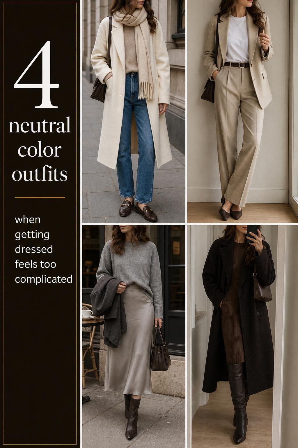 Neutral color outfits grid with four timeless women’s looks in cream, beige, gray and black for a polished everyday capsule wardrobe