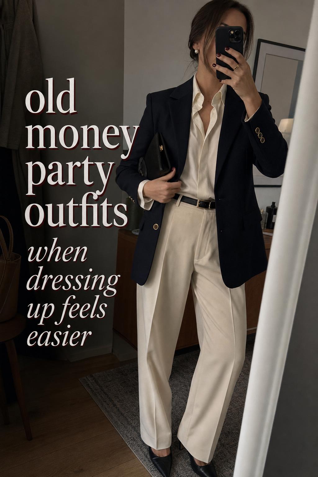 Woman mirror selfie in blazer and silk blouse in apartment hallway, showcasing old money party outfits with tailored neutral tones.