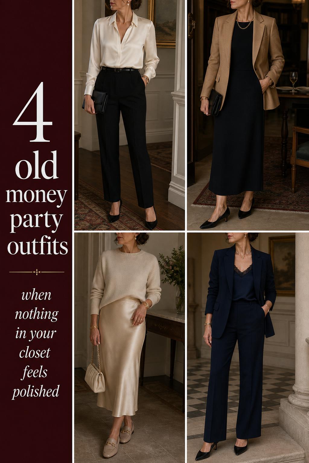 Old money party outfits collage with four refined evening looks in ivory, black, cream, and navy in upscale settings
