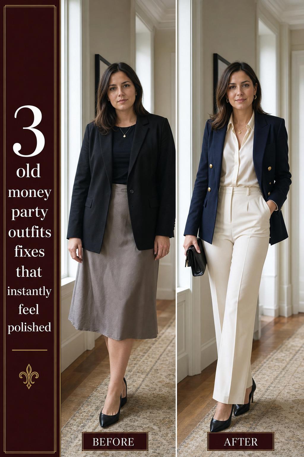 Old money party outfits styled in timeless neutral tones with classic tailoring for an elegant evening look.