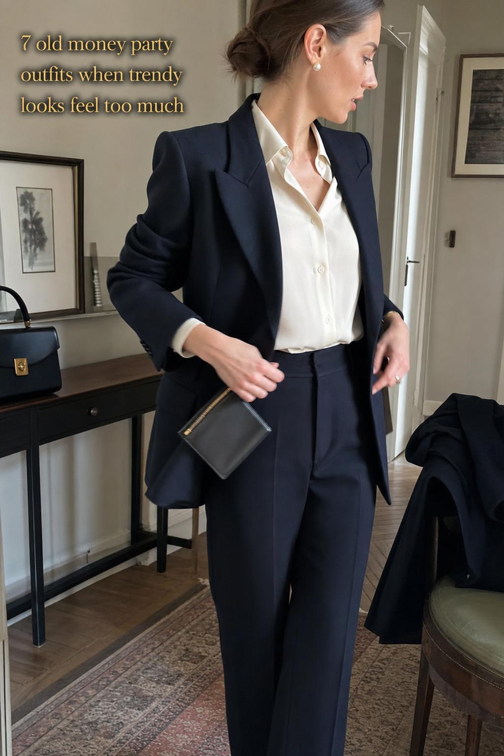 Woman adjusting blazer in townhouse entryway wearing old money party outfits with clutch and pearls in natural daylight