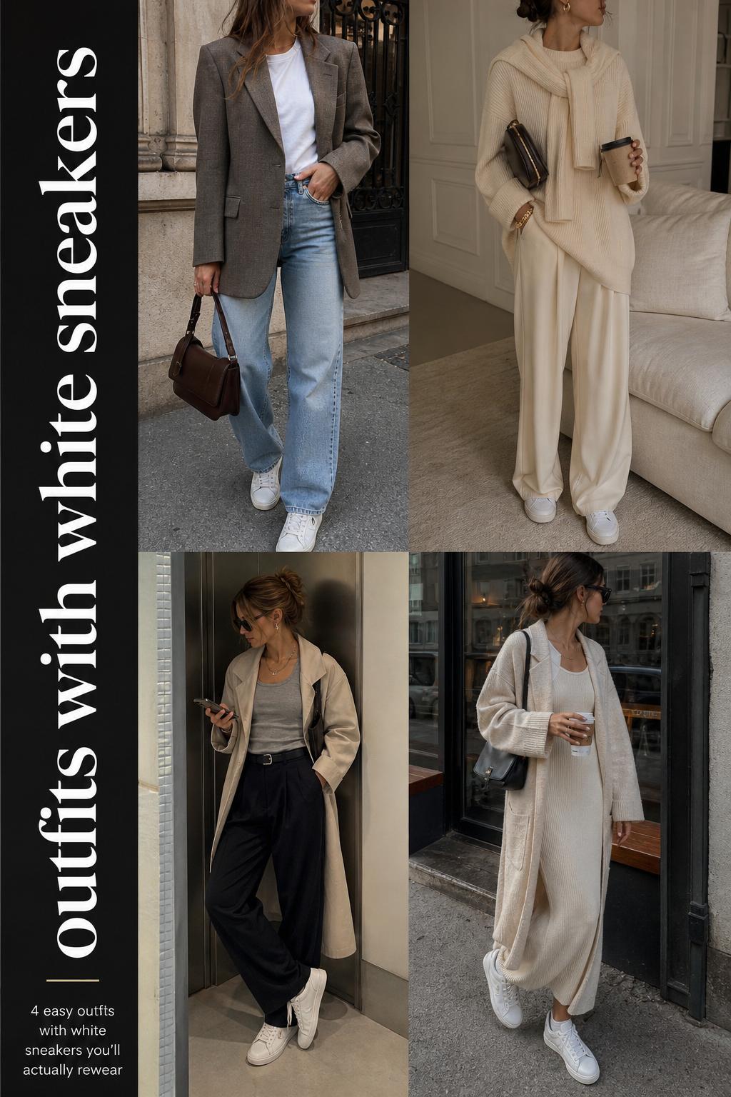 Outfits with white sneakers grid showing 4 modern city-ready looks with blazer, knits, trench, and slip skirt.
