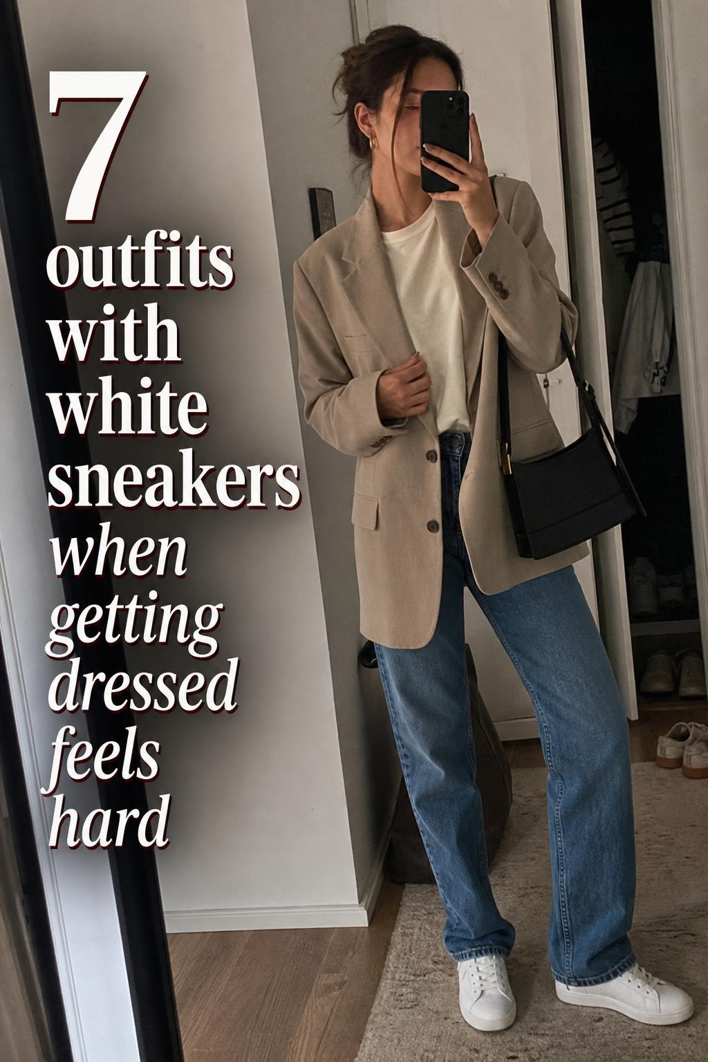 Mirror selfie outfit check featuring outfits with white sneakers, straight-leg jeans, cream tee, and oversized blazer.