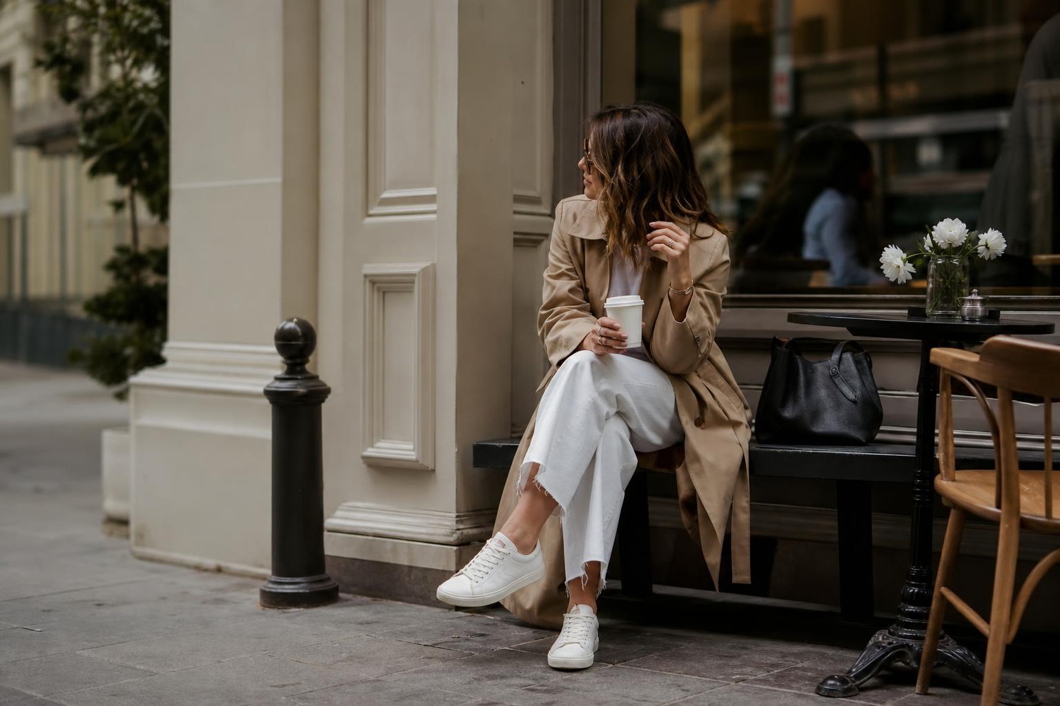 Outfits with white sneakers styled with straight-leg jeans, a neutral blazer, and a leather shoulder bag on a city street