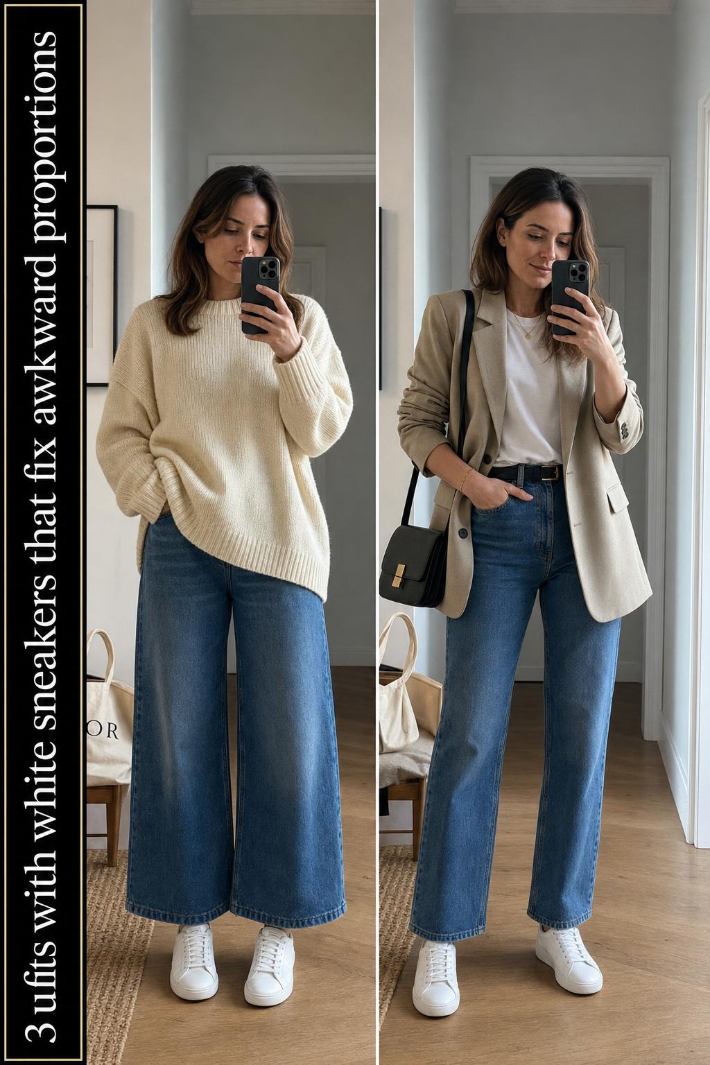 Street style outfits with white sneakers paired with casual denim and a neutral jacket on a city sidewalk