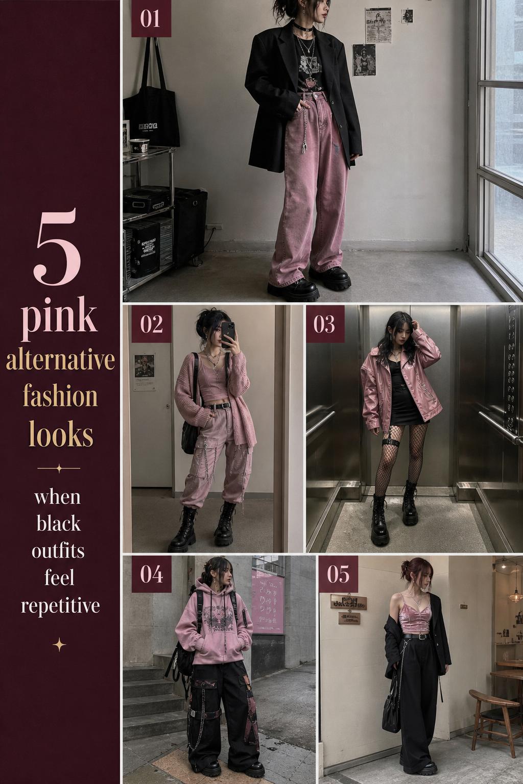 Pink alternative fashion outfit checklist pin with 5 wearable black-and-pink looks, boots, layers, and bold side text overlay