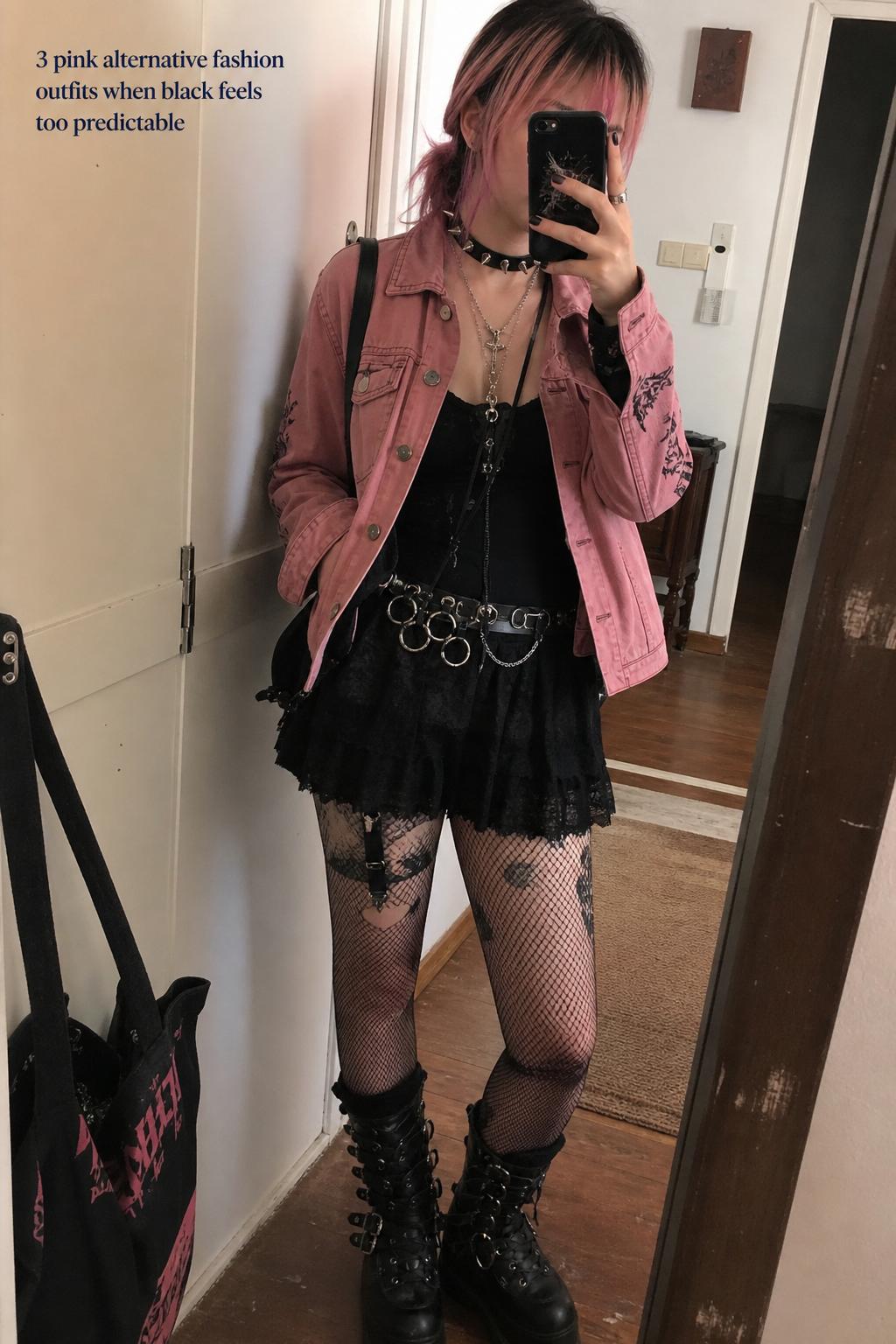 Mirror selfie in apartment hallway wearing pink alternative fashion with pink jacket, black top, fishnets, chunky boots, and choker