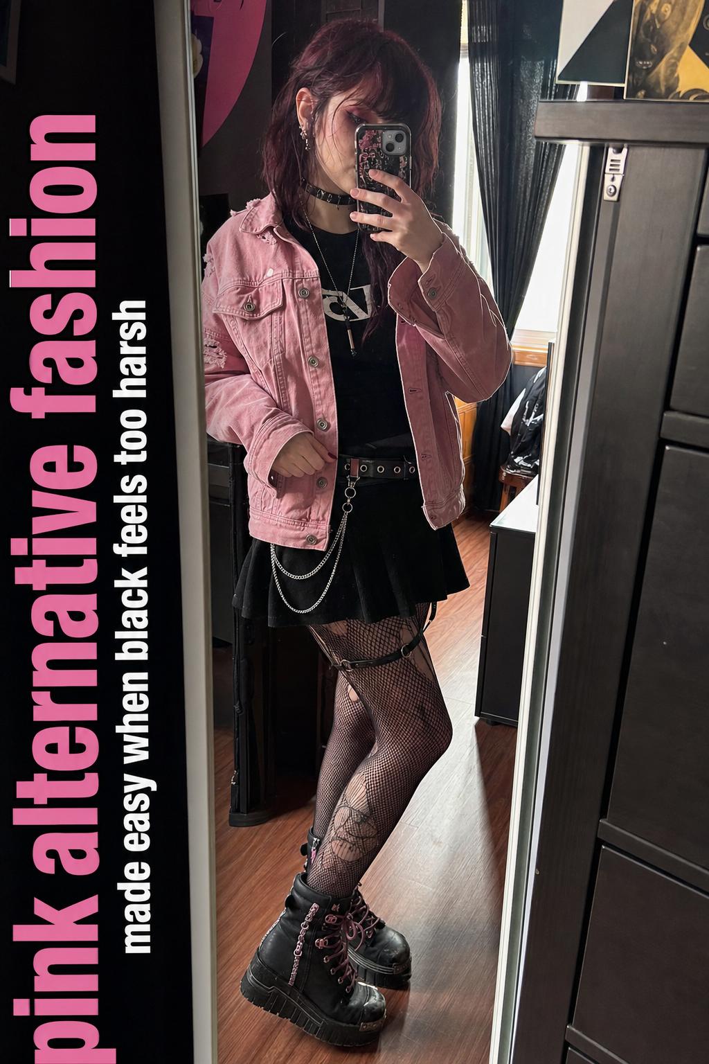 Mirror selfie in lived-in apartment showing pink alternative fashion outfit with pink jacket, black top, fishnets, chunky boots and choker.
