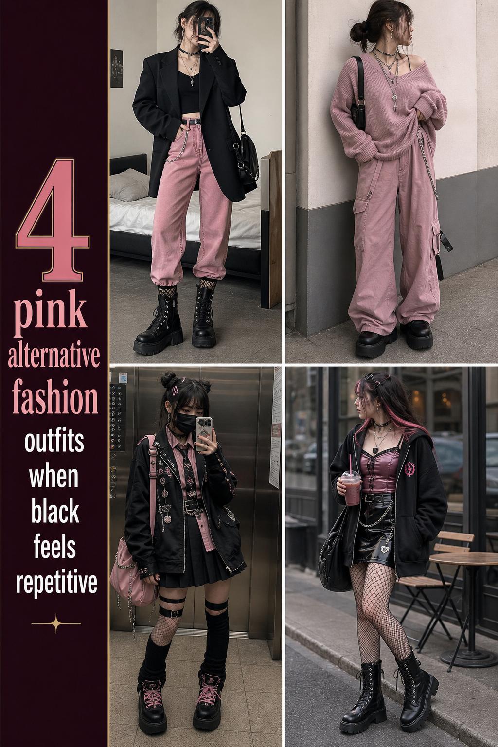 Pinterest outfit grid featuring 4 pink alternative fashion outfits with black layers, chunky boots, and streetwear styling
