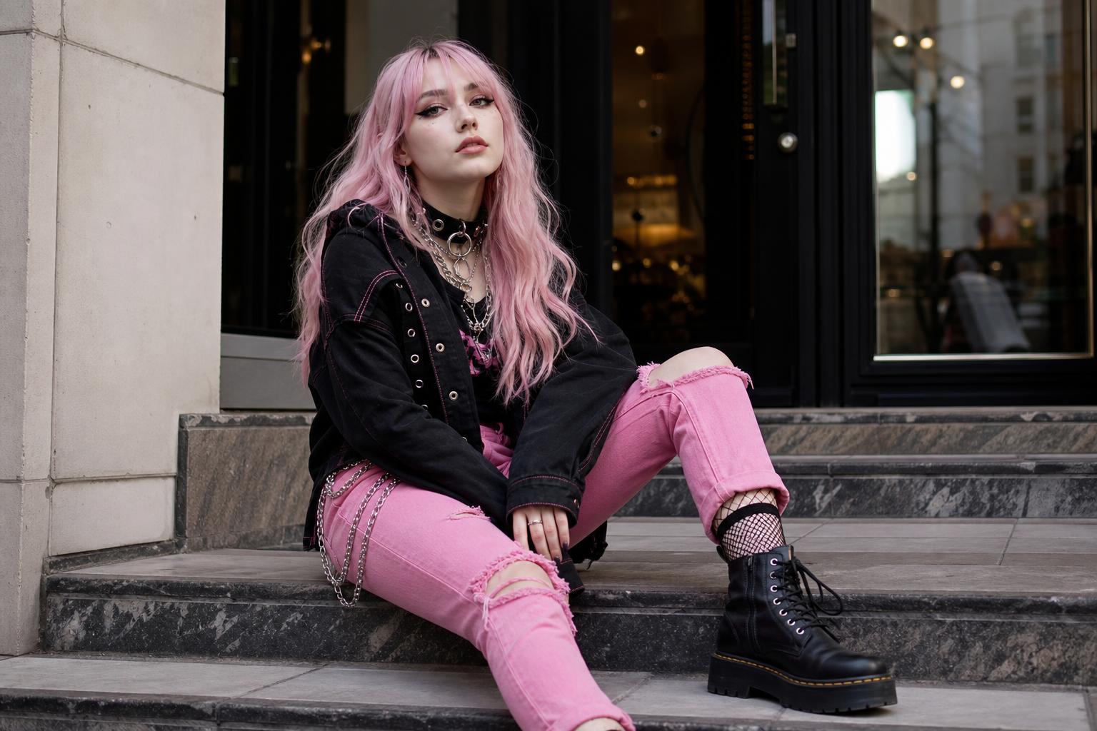 Pink alternative fashion outfit with black jacket, pink denim, and chunky boots styled for a modern streetwear look
