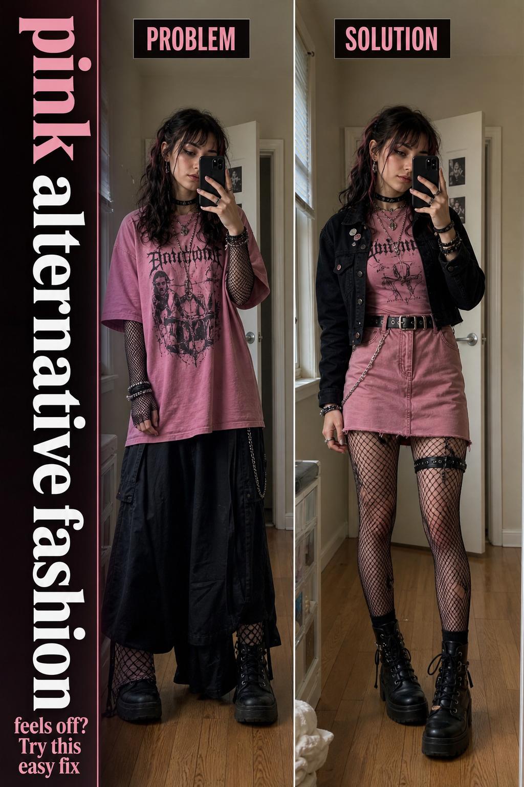 Pink alternative fashion portrait with edgy streetwear, bold makeup, and neon accents in an urban setting