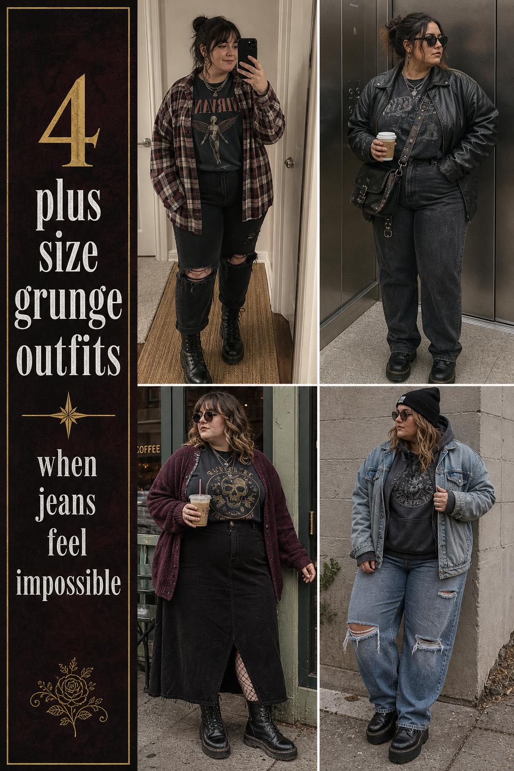 Plus size grunge outfits collage with four wearable 90s-inspired looks in muted plaid, denim, boots, and layered jewelry