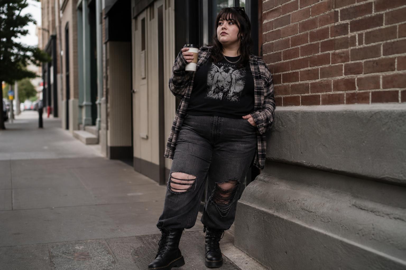 Plus size grunge outfits with band tee, open plaid flannel, ripped jeans and combat boots on a city street