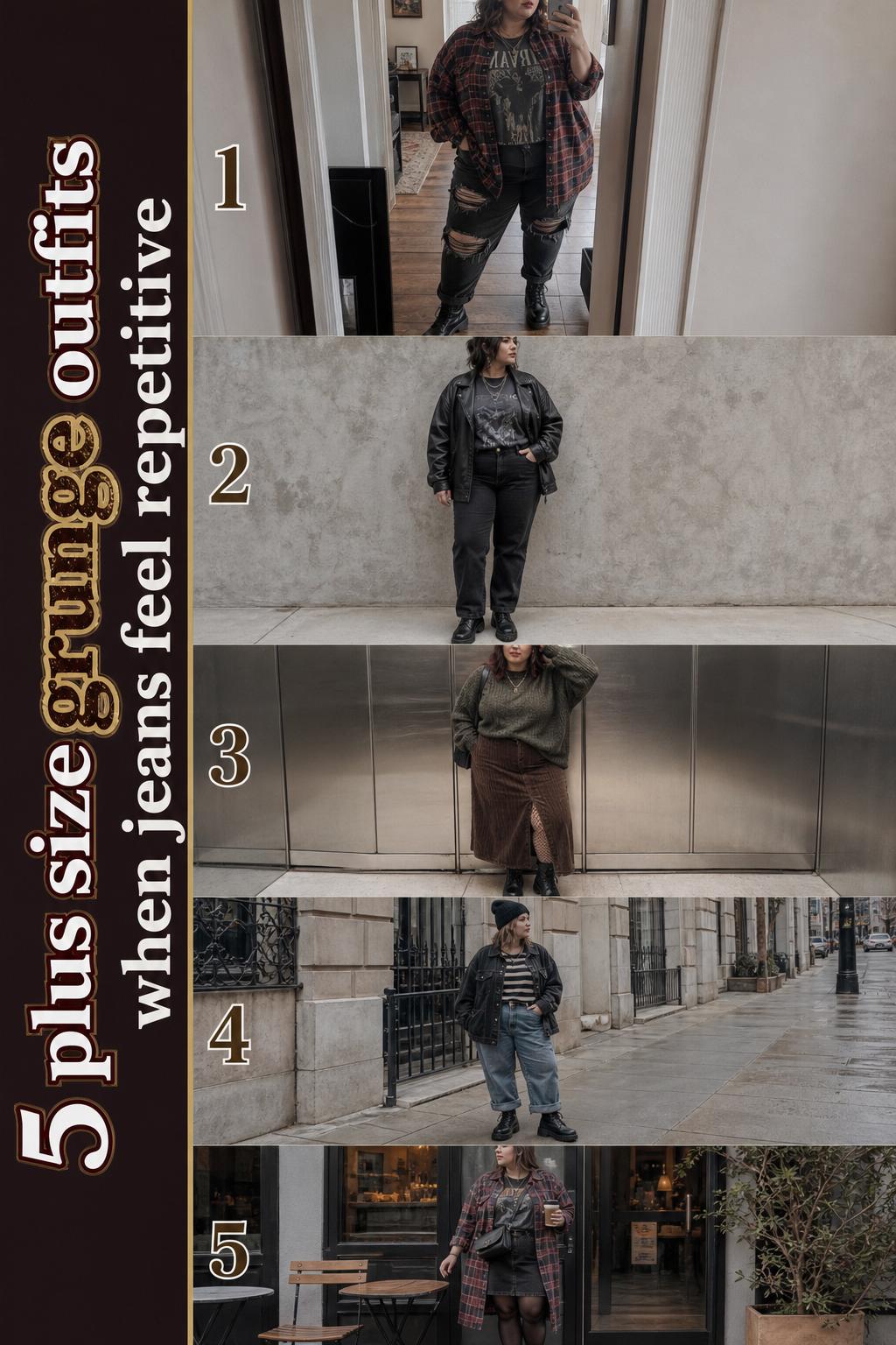 Plus size grunge outfits checklist with five wearable 90s-inspired looks in a clean Pinterest-style vertical fashion guide