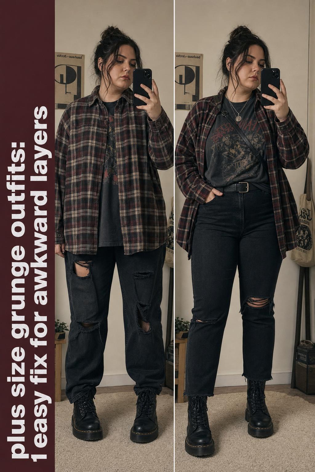 Plus size grunge outfits featuring layered flannel, graphic tee, ripped jeans and combat boots in an urban street setting