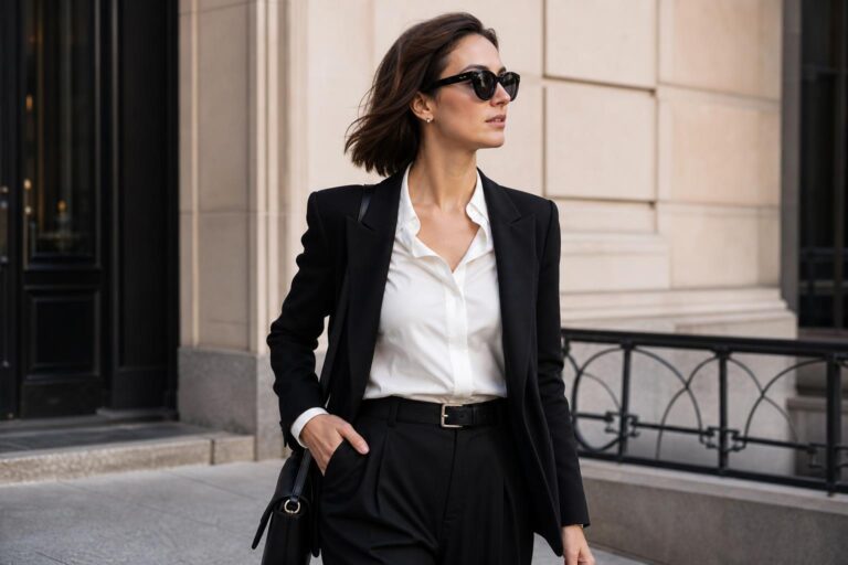 Polished city look with white shirt and black trousers, classic white and black outfits with a structured bag and loafers