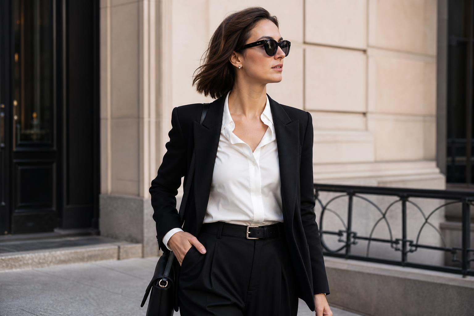 Polished city look with white shirt and black trousers, classic white and black outfits with a structured bag and loafers