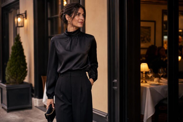 Dinner party outfits on a chic evening: satin midi dress with blazer, heels, and clutch in candlelit restaurant setting