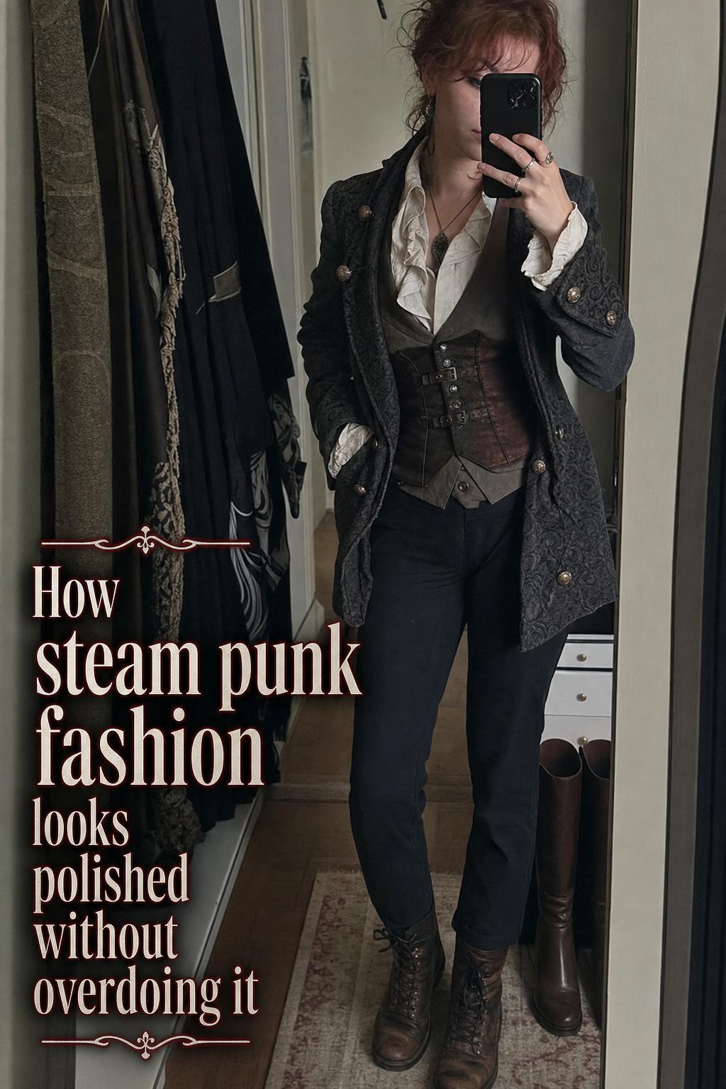 Mirror selfie outfit in a lived-in hallway showing practical steam punk fashion with waistcoat, jacket, boots and subtle metal accents
