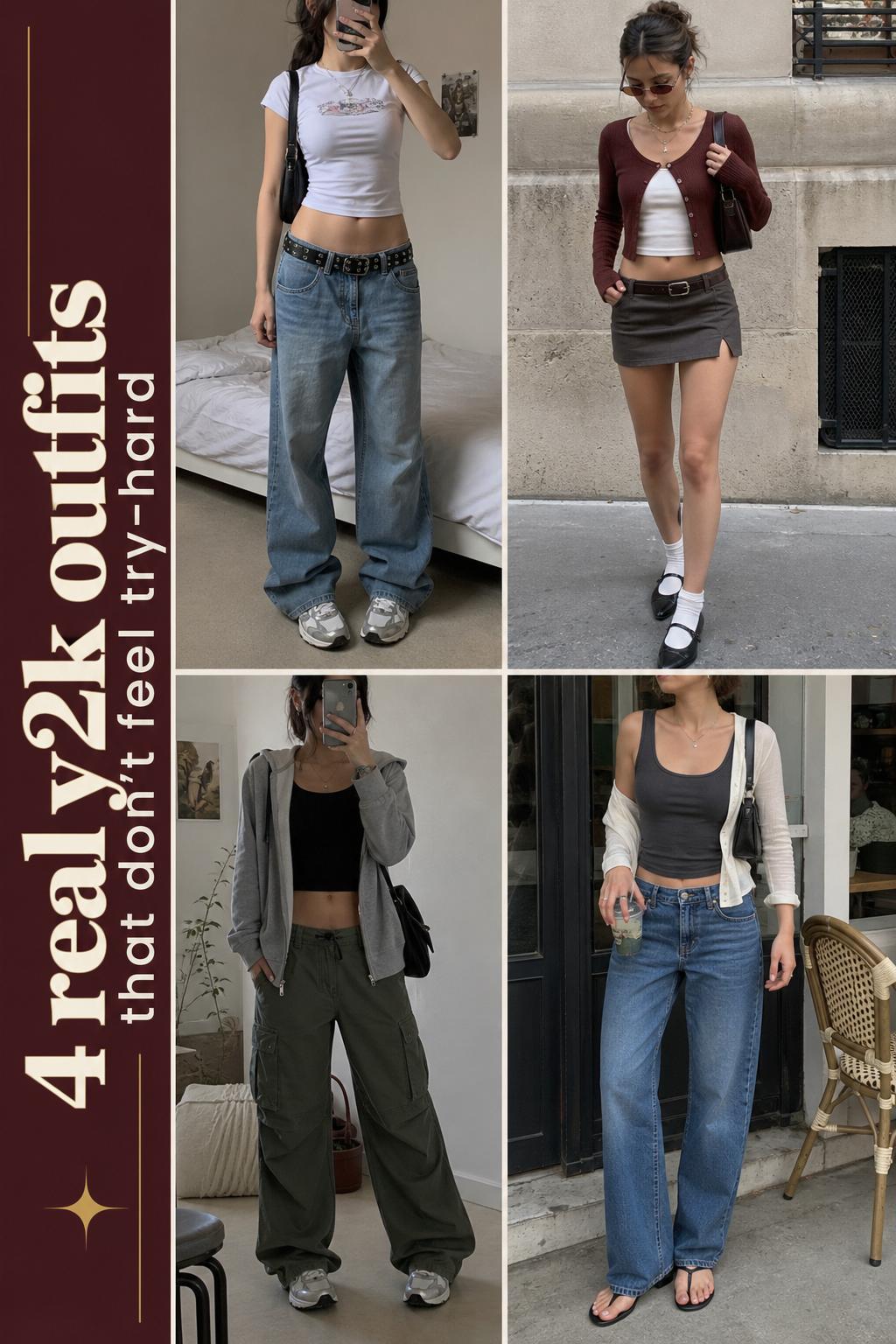 Real Y2K outfits grid showing four practical modern looks in neutral tones with denim, cargo pants, and mini skirt