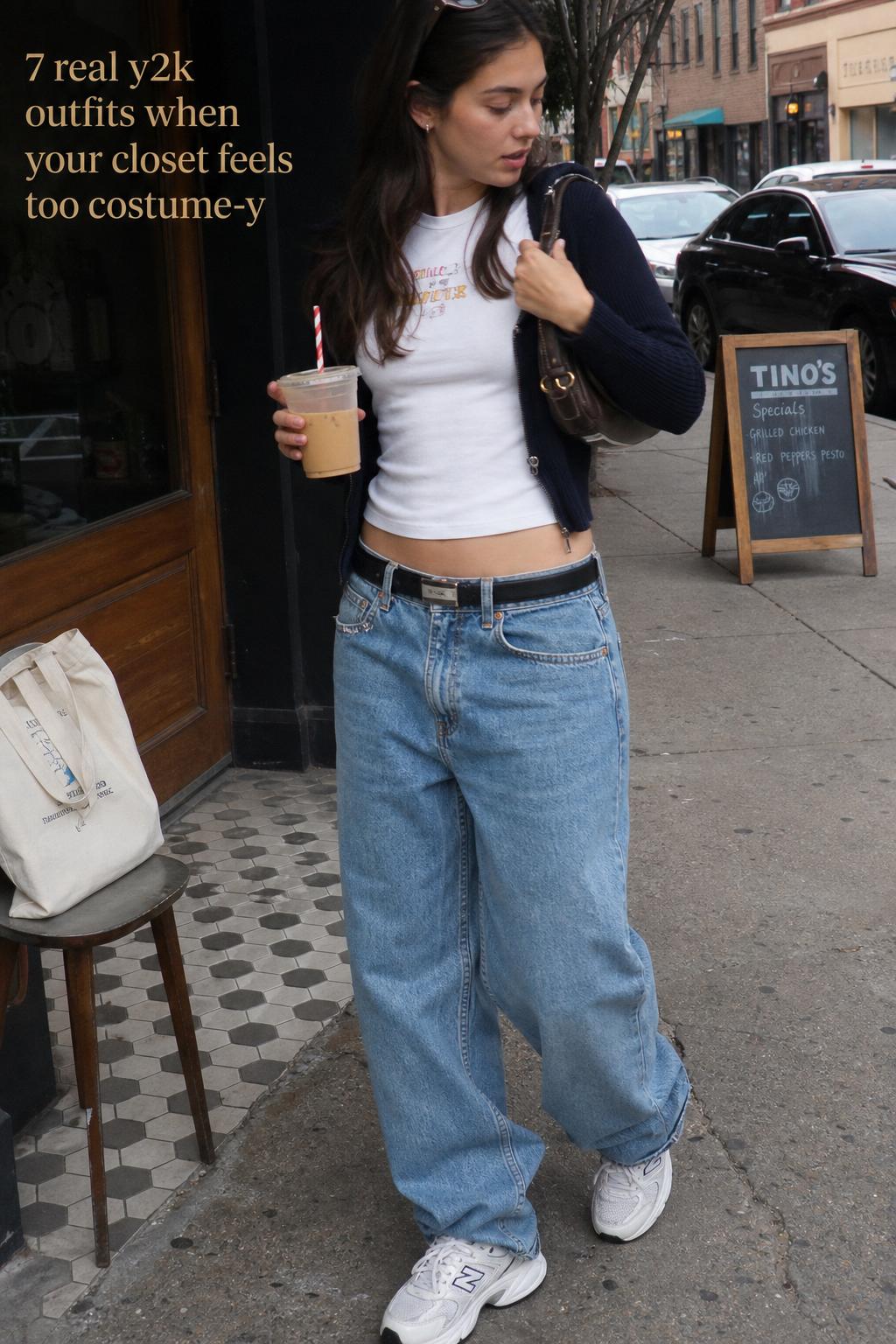 Real y2k outfits street style: young woman adjusting shoulder bag with iced coffee outside a neighborhood café