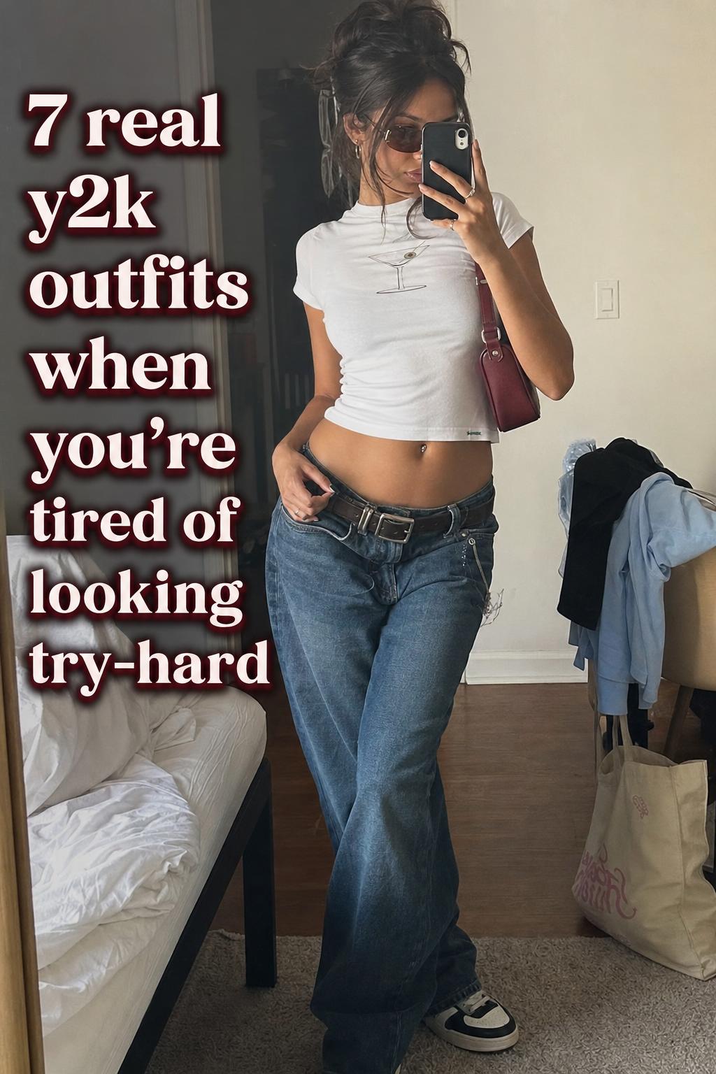 Real y2k outfits mirror selfie of a woman in low-rise denim and baby tee in a casual bedroom with soft window light