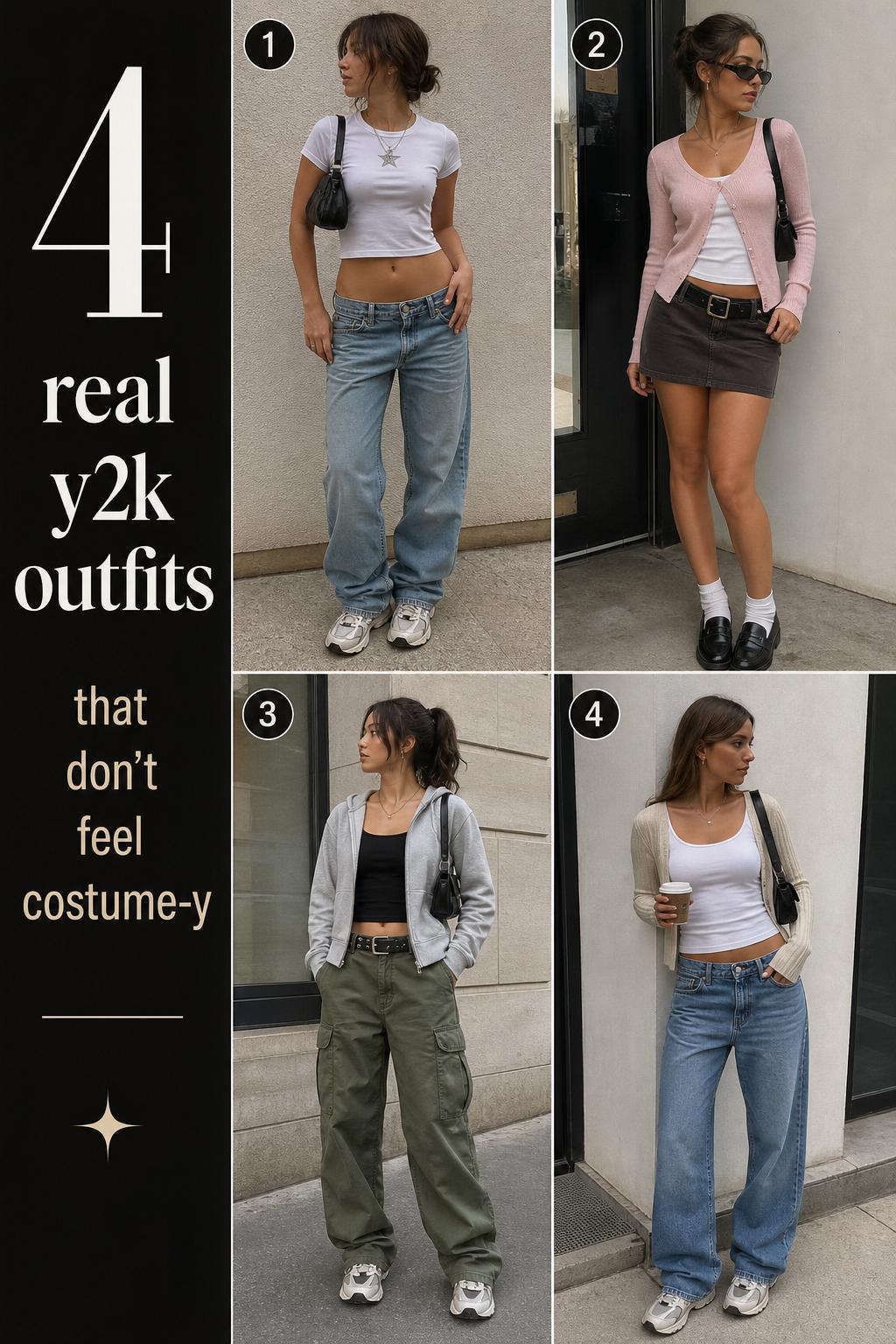 Real y2k outfits checklist with four wearable early-2000s looks in a clean Pinterest-style fashion pin layout