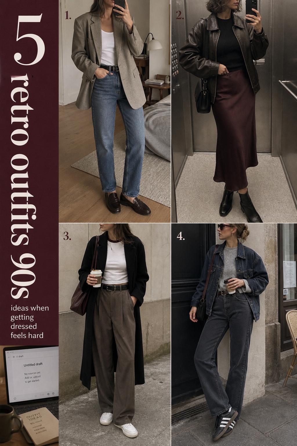 Retro outfits 90s 4-look grid collage of modern wearable layers in soft neutrals, photographed in everyday city and apartment settings