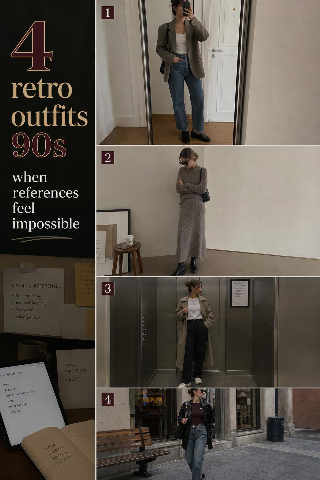 Retro outfits 90s checklist with four wearable looks in a muted palette, styled on real women in everyday settings