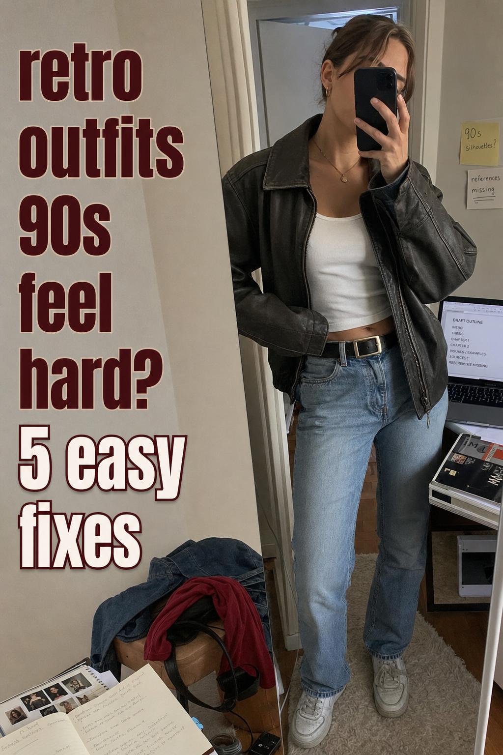 Mirror selfie of casual retro outfits 90s look in a messy apartment hallway with jeans, jacket, sneakers and research notes